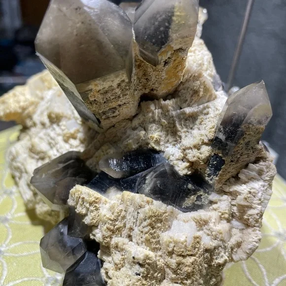 BLACK SMOKY QUARTZ- yellow calcite raw crystal cluster perfect 2”points 5”x5” - Picture 7 of 11